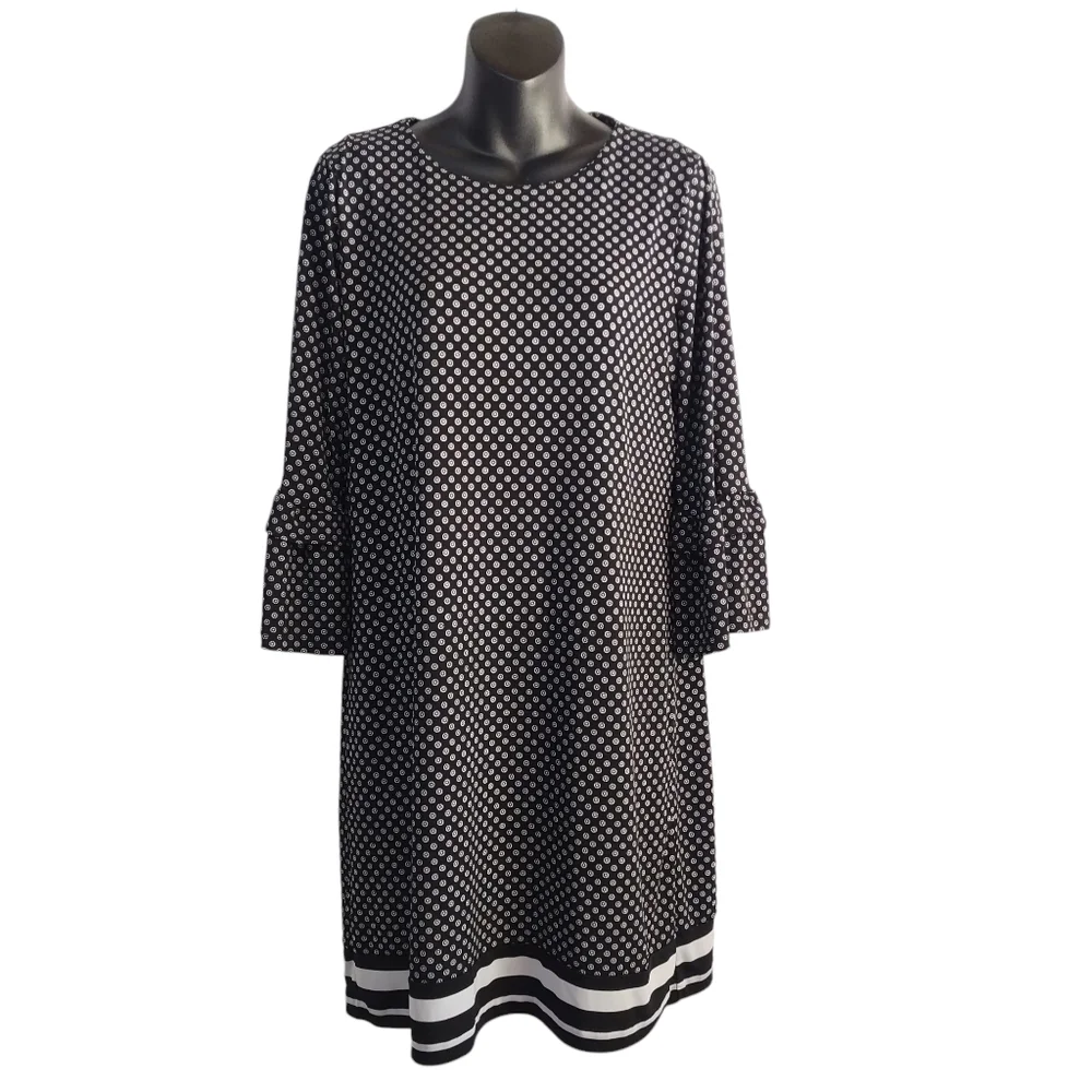 Michael Kors Dress Black White 3/4 Flare Sleeve Round Neck Stretch Size M